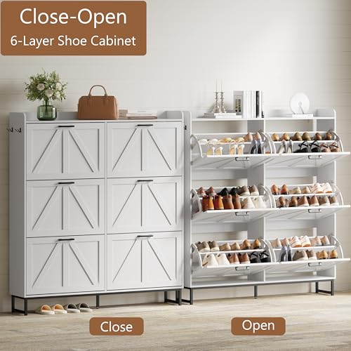 Image of Shoe Cabinet with 6 Flip Drawers, Freestanding Hidden Shoe Storage Organizer for Entryway, Narrow Slim Shoe Rack Cabinet with Open Storage & Hooks for Front Door Entrance, Living Room, Hallway, White
