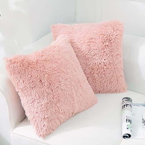 NordECO HOME Luxury Soft Faux Fur Fleece Cushion Cover Pillowcase Decorative Throw Pillows Covers, No Pillow Insert, 18" x 18" Inch, Pink, 2 Pack
