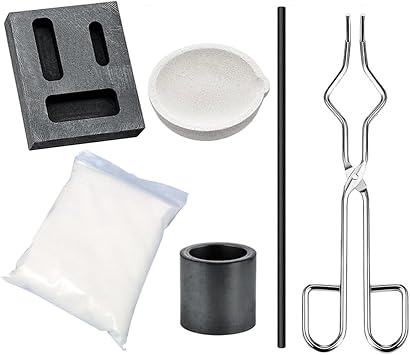 6Pcs Torch Melting Kit for Gold & Silver Refining & Jewelry Making, Includes Bar, 3-in-1 Graphite Ingot Mold, Quartz Crucible, Cylindrical Graphite, Tong, Unique Accessory