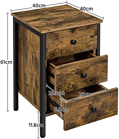 Yaheetech 3-Drawer Bedside Table, Wooden Nightstand Storage Unit, Bedside Cabinet with Metal Frame, Sofa End Side Table for Living Room/Bedroom/Small Space, Rustic Brown, 40×40×61cm
