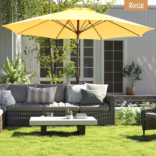 Ayge 9FT Large Outdoor Patio Umbrella Market Table Umbrella-UV Resistant, Easy Push Button Tilt and Crank, 8 Sturdy Fiberglass Ribs Heavy-Duty Pool Umbrella for Deck, Backyard,Garden,Yellow