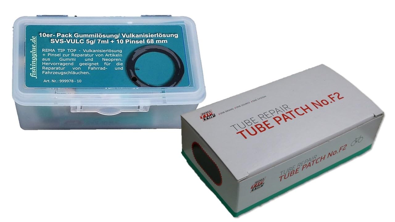 Vulkanisierlösung-​Schlauchflicken-Set No.F2 (50 x 25 mm) | Schlauch-Reparatur-Set mit 100 Flicken Größe F2, 10 Tuben Vulkanisierlösung und 10 Pinseln 68 mm lang