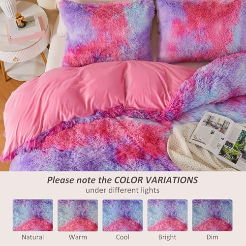 Image of EMME Luxury Fuzzy Duvet Cover Set King Size Fluffy Comforter Cover Set for King Bed 2 Pieces Shaggy and Plush Soft Bedding Duvet Covers (Rainbow Pink Purple, King)