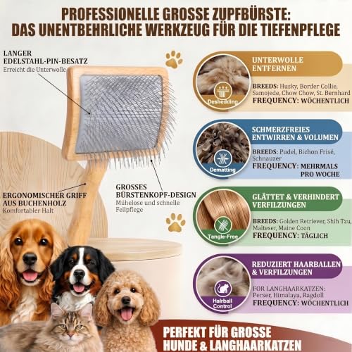 Image of Wooden Long Pin Slicker Brush for Dogs, Doodles, Poodles, Long Hair | Grooming, Detangling, and Fluffing for Wavy and Curly Hair-Designed for Heavy, Thick Coats to Prevent Matting at Home