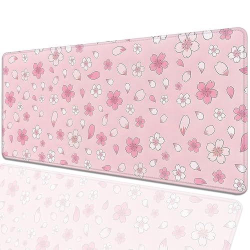 Image of Japanese Cherry Blossoms Extended Desk Pad Mouse Pad,Large Gaming Floral Mouse Mat with Stitched Edges,Non-Slip Rubber Base Mousepad for Office Computer Keyboard Laptop Home(27.5X11.8 in)