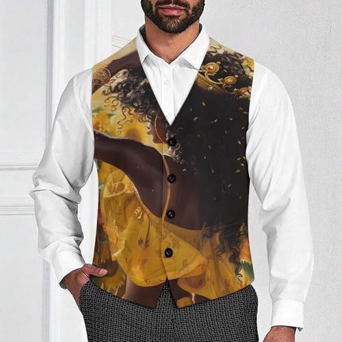 Black Queen African American Sunflower Men's Suit Vest Waistcoat Vests Formal Dress with 2 Pockets for Business Casual Tuxedo2