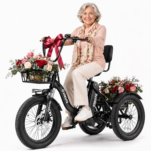 ESKUTE E Trike Electric Bike Peak 1200W Brushless Motor Folding Trike 18X3.0 Fat Tire Ebike 624Wh Battery Step-Thru 3 Wheel Electric Bicycle 55 Miles 18MPH+ Tricycle for Adults Blackk
