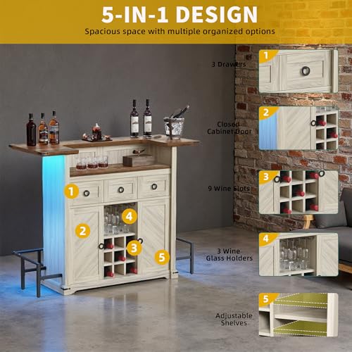 DWVO Home Bar Table Unit Cabinet with LED Lights & Drawer, 12-Glass Holder & Adjustable Wine Storage, Farmhouse Mini Bar Unit with Footrest for Living & Dining Room, Off White+Walnut Grain
