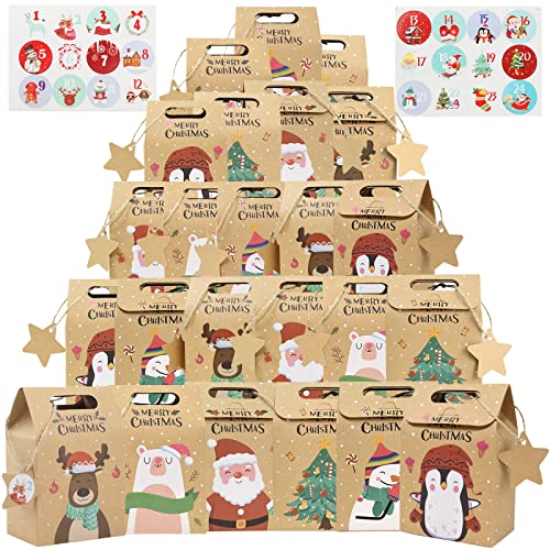 Bigqin 24 Pcs Gift Bags for Christmas Kraft Paper Boxes Treat Goody Candy Bag with 1-24 Number Advent Calendars Stickers DIY Tags for Xmas Party Favour Box Packs,5.5 * 3.8 * 2.4"