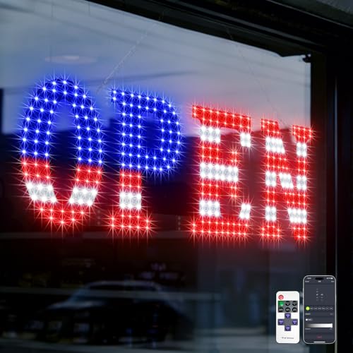 Image of Open Sign for Business, 30 inchx10 inch Jumbo Open Sign with Timer and Remote Control, Dynamic Light Modes Led Signs for Storefront Window Bar Salon Cafes Retail Shops US Flag