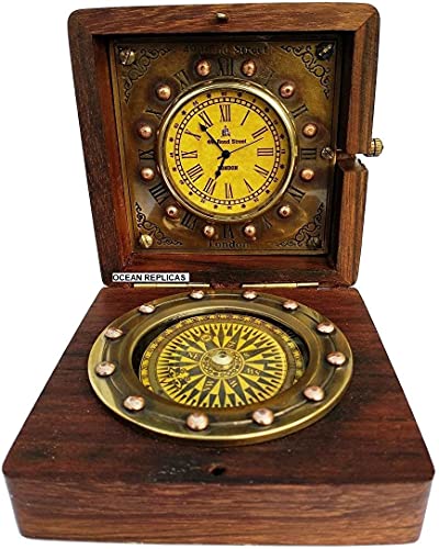 OCEAN REPLICAS Authentic Clock Compass in Rose Wood Box, Vintage Gift…