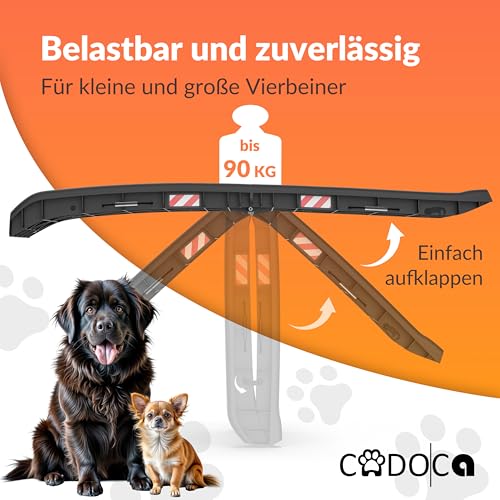 CADOCA® Hunderampe Auto klappbar 90kg kompakt 156x40cm Tragegriff Sicherungsbügel Reflektoren Trinknapf Hund Katze rutschfest leichte Einstiegshilfe