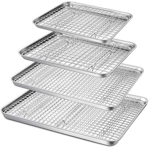 P&P CHEF Baking Sheet and Rack Set, 8 PACK (4 Sheets + 4 Racks), 4 Sizes Stainless Steel Cookie Sheets Baking Pans with Cooling Racks for Cooking & Roasting, Oven & Dishwasher Safe, Healthy & Durable Cover