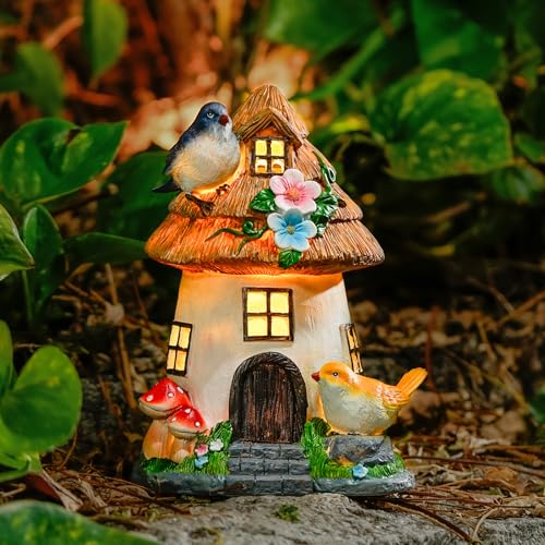 DZAY Feengarten Feenhaus Pilzhaus Gartendeko für Draußen Wetterfest,Garten Deko Gartenfiguren mit Solar Laterne,Solarlaterne für Außen,LED Solarlampen Gartenstatuen Solar Tiere für Teich Deko (Vogel)