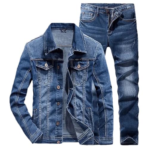 Men's Denim 2-Piece Set, Loose Large-Size Versatile Casual Jacket + Trousers Denim Set Blue L Coat Size 31 Pants