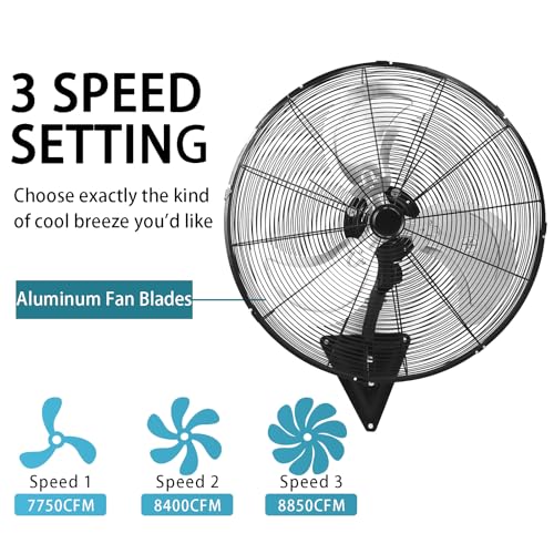 Image of AZOUTDOOR 24 inch Wall Mount Fan, 8850 CFM High Velocity Industrial Wall Fan with 3-Speed Setting, 120 Oscillating Mounted Fans for Warehouse, Workshop, Garage, Patios, Commercial Use ETL Listed, Black