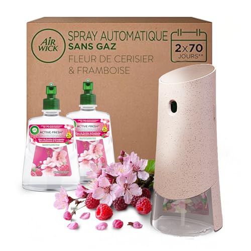 Air Wick Désodorisant Maison Spray Automatique Sans Gaz Active Fresh - 1 Diffuseur + 2 Recharges Parfum Fleur de Cerisier & Framboise