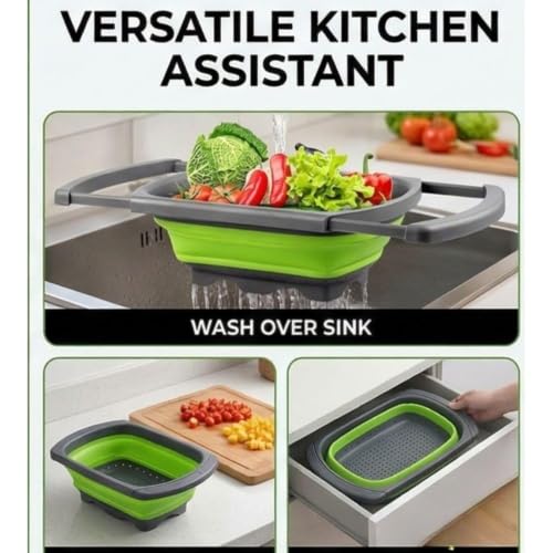 Image of KRESHU Silicone Collapsible Kitchen Colander Strainer | Food Colander with Extendable Handles | Perfect for Draining Pasta, Vegetables, and Fruits - Over the Sink Strainer (23.5Inch, Pack of 1)