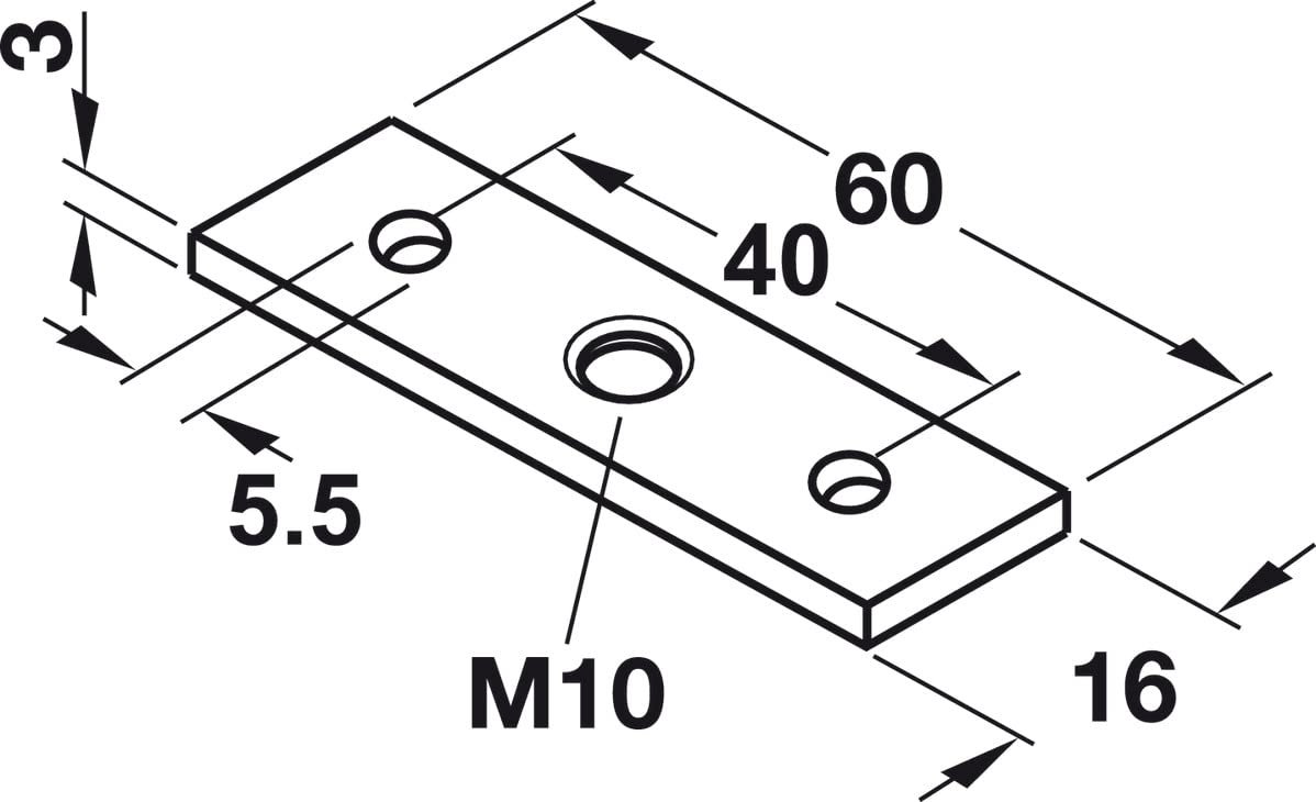 Gedotec Hoekbevestigingsplaat met M10-schroefdraad voor meubelpoten en tafelpoten, 1 stuk, schroefplaat 60 x 16 mm, meubelpoten bevestiging voor