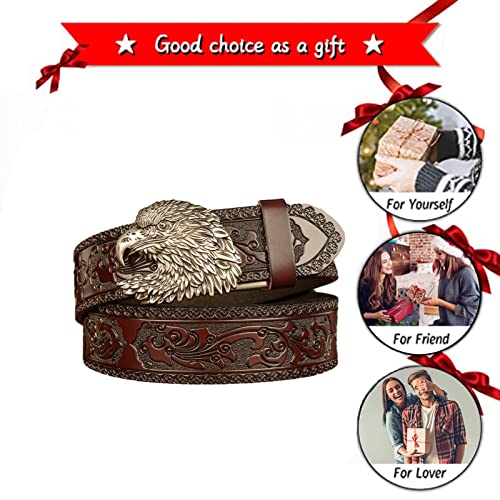 Mens Leather Ratchet Belts Western Floral Engraved Embossed Strap with Holeless Automatic Buckle Carved 3D Eagle Head(110cm/waist:36"~38", Brown)4