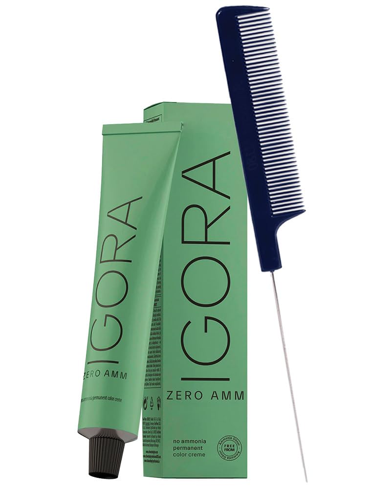 Igora Zero AMM 5-1 Light Brown Cendre Hair Color | No Ammonia Permanent Color Creme Hair Dye 2.1 oz and M Hair Designs Pin Tail Comb (Bundle)