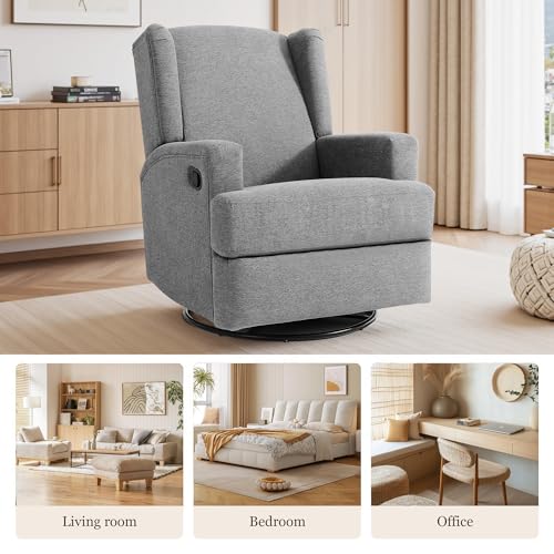Image of Swivel Rocker Recliner Chair, 360 Swivel Wingback Recliner Chairs for Adults, Upholstered Glider Rocking Chair with High Back, Deep Seat for Living Romm Bedroom, Cotton Linen, Light Gray