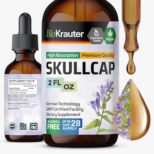 BIO KRAUTER Skullcap Tincture for Calm & Relaxation - Liquid Skullcap Herb 2 Fl.Oz 28 Days of Supply - Pure & Vegan Sleep Supplement - Calm Drops 680 mg per Serving Alcohol & Sugar Free