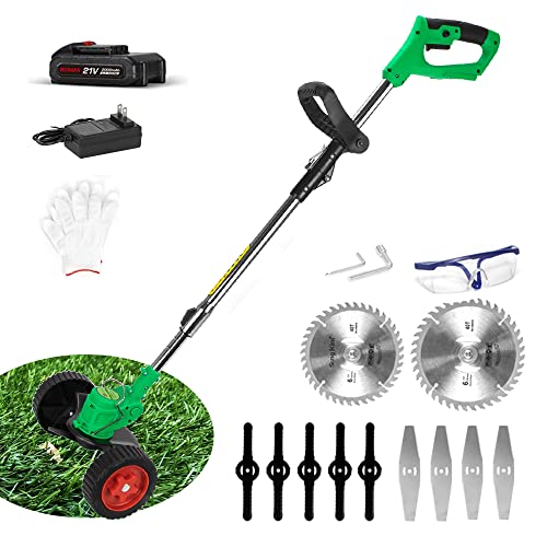 HUDAEN Cordless Grass Trimmer Weed Wacker, 3-in-1 String Trimmer Lawn Edger with 21V 2Ah Li-ion Battery for Garden and Yard with Wheel, Lightweight Adjustable Height Weed Eater Tool (Green)
