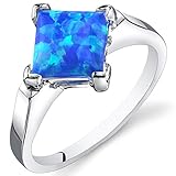 PEORA Created Blue Fire Opal Classic Solitaire Ring for Women 925 Sterling Silver, 1.50 Carats Princess Cut 7mm, Size 9, Engagement, Promise, Anniversary Ring, For Classy Gift & Everyday Wear