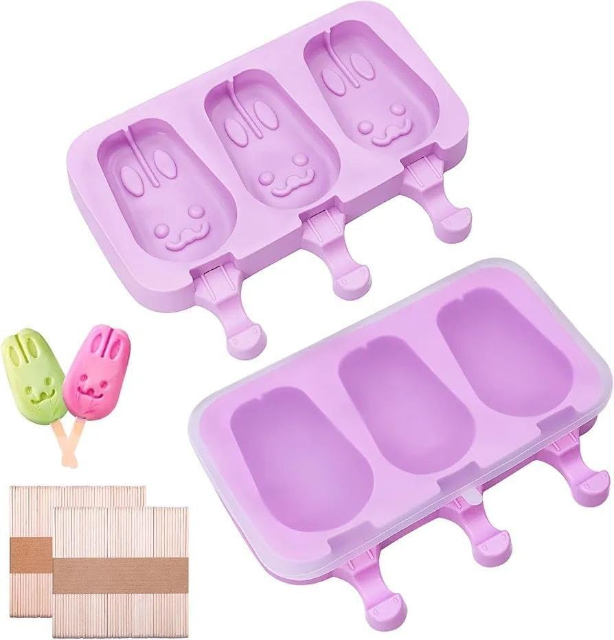 Image of Silicone Popsicle Molds Ice Cream Kulfi Molds 3 Cavities with Lids 50 Pack Sticks for Kids ICE Cube Maker Easy Release