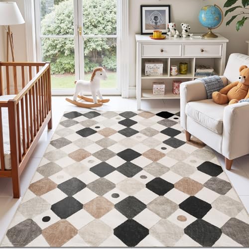Area Rug 5x7 Kids Washable Indoor Non-Slip Black and White Modern Soft Rug Elementary School Classroom Diamond Carpet for Nursery Playroom Daycare Bedroom Living Room Dorm Marble on Cream