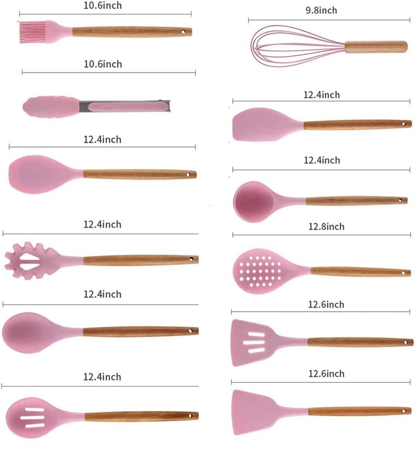 Silicone Cooking Utensil Set,Kitchen Utensils 15 Pcs Cooking Utensils Set,Non Stick Heat Resistant Silicone，Cookware with Wood Handle (Pink) : Home & Kitchen
