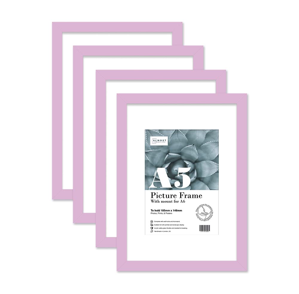 Almost Frameless A5 Lilac Picture Frame Set of 4, Display A6 Pictures with Mount or A5 Without Mount Gallery Wall, Poster, Photo, Artwork, or Print, Lilac