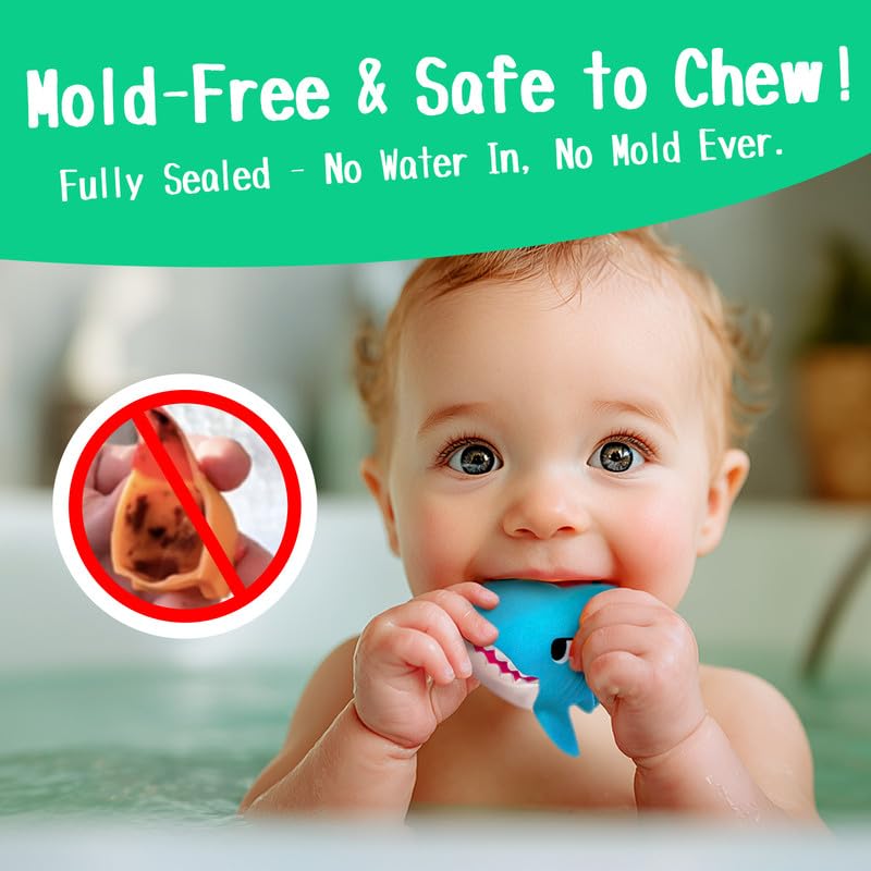 Juguetes de baño para bebés sin agujeros, juego de juguetes de baño de tiburón con red de baño y almacenamiento, juguetes flotantes para ducha de agua y piscina 2
