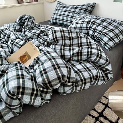 Image of VM VOUGEMARKET Black Grey Plaid Duvet Cover Set King,3 Pieces Washed Cotton Bedding Set,Breathable Luxury Grid Duvet Cover with 2 Pillowcases