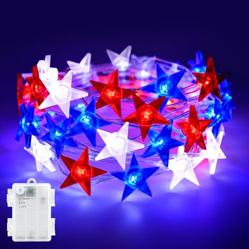 cshare 4th of July Lights Battery Operated Red White and Blue Lights with Timer Outdoor Waterproof 13ft 40LED Patriotic Star String Lights for Memorial Day Presidents Day Independence Day