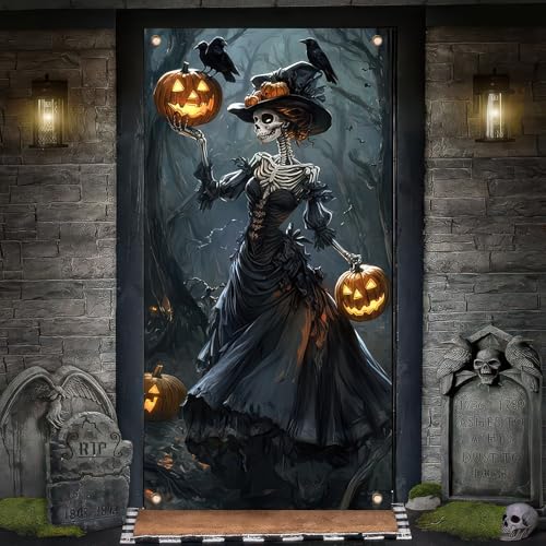 Image of BlissYard Skeleton Witch Door Cover Halloween Decorations 35x71 Inch Gothic Pumpkin Lady Banner Spooky Halloween Door Decor for Haunted House Wall Prop Indoor Party Backdrop
