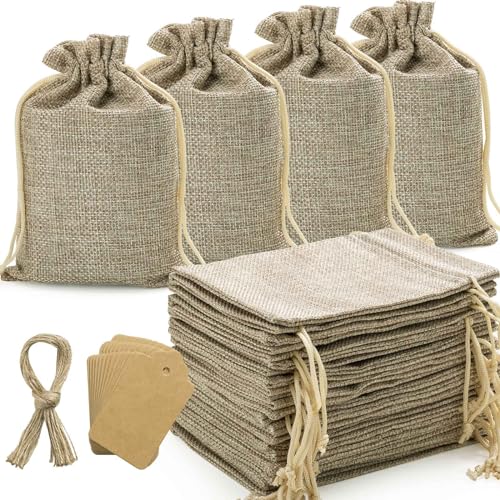 flowsac 25PCS Burlap Gift Bags With Drawstring 4x6 Small Party Favor Gift Bags Burlap Linen Sacks Bags for Christmas Party Jewelry Pouches Festival Birthday DIY Craft