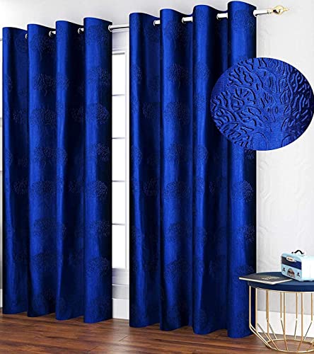 Image of Polyester Premium Tree Design Punching Screen for Home Office | Room Darkening Long Door Curtains 9 Feet Long Set of 1 | Modern Parda for Living Room and Bedroom | Navy Blue Curtains