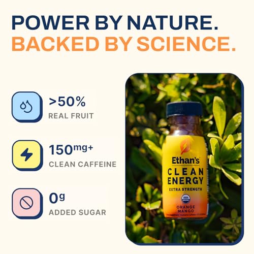 Image of Ethan's Organic Clean Energy Shots Orange Mango Extra Strength, 2 Pack of 2oz | 200mg Caffeine | Green Tea, Guayusa, Lion's Mane & Cordyceps | Sugar-Free, Vegan, Gluten-Free, USDA Organic