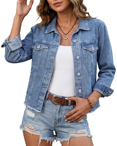 Image of luvamia Denim Jacket for Women Distressed Jean Jackets Button Up Vintage Western Trucker Jacket Frayed Hem Pockets