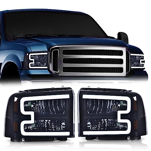 Image of GRAND ORANGE [LED DRL BAR Headlights Assembly Compatible with 2005-2007 Ford F250 F350 F450 F550 Super Duty / 05 Ford Excursion Smoke Black Amber