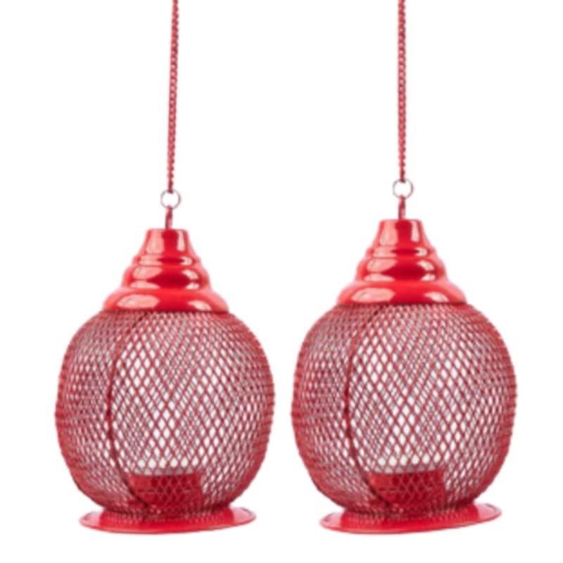- SIRAAJ&SONS™Starry (Set of 2) Red Metal Hanging Tea Light Lanterns | Decorative Mesh Candle Holders with Chain for Balcony, Garden, Home & Festive Décor