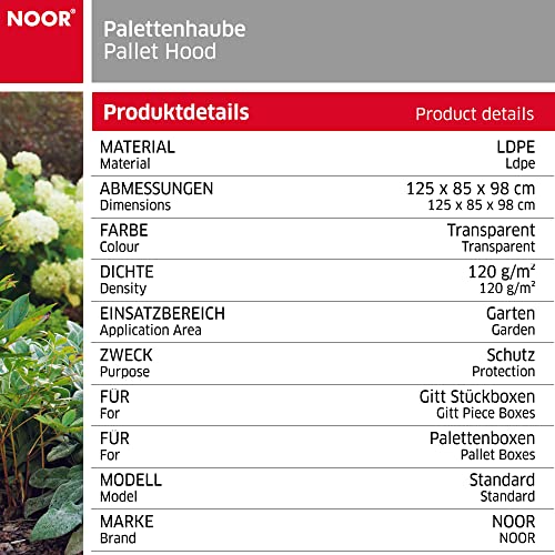 NOOR Palettenhaube für Gitterbox & Euro-Paletten 125 x 85 x 98 cm I Wasserdichte Abdeckplane mit Reißverschluss & Ösen I Reißfeste Abdeckhaube für Paletten-Boxen I Wetterresistente Folie I Transparent