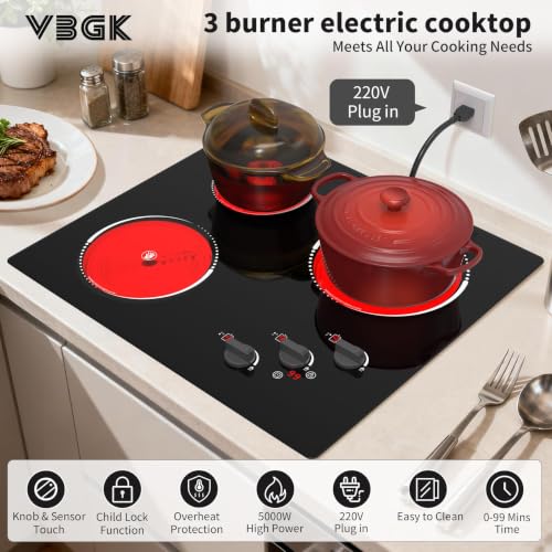 Image of VBGK Electric Cooktop,24 inch 220V Electric StoveTop,Touch and Knob Control,LED,9 Power Levels, KidsLock & Timer Overheat Protection,500w3 burmercooktop.