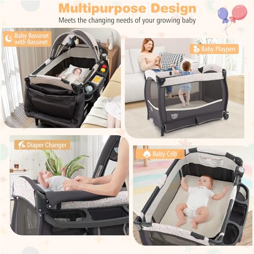 Image of BABY JOY 4 in 1 Pack and Play, Portable Baby Playard with Bassinet & Flip-Away Changing Table, Canopy, Portable Bedside Crib with Storage Basket, Infant Bassinet from Newborn to Toddlers (Floral)