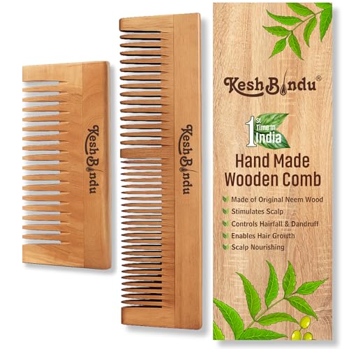 Image of Handmade Kacchi Neem Wooden Comb For Men & Women Detangling, Frizz Control & Shine, Suited For All Hair Diffrent Type of Kangi Combo Pack 2pis (Wide Tooth + Dual Tooth)