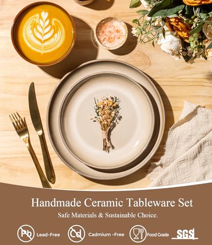 Image of LERATIO Ceramic Dinnerware Sets for 4, 12 Pieces Ceramic Plates and Bowls Sets, Scratch Resistant Dish Set, Oven, Microwave & Dishwasher Safe-Pale Kahki