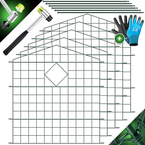 KESSER® Teichzaun Gartenzaun Steckzaun Komplettset Metall 5x Oberbogen Spitz Inkl. Handschuhe, 1x Hammer + 6 Befestigungsstäben, Zaun zum stecken für Garten, Gitterzaun Set Freigehege für Tiere