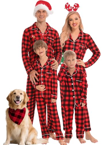 SWOMOG Matching Family Christmas Pajamas Set Long Sleeve Festival Party Pj Set Button-Down Sleepwear Red With Black Plaid Large